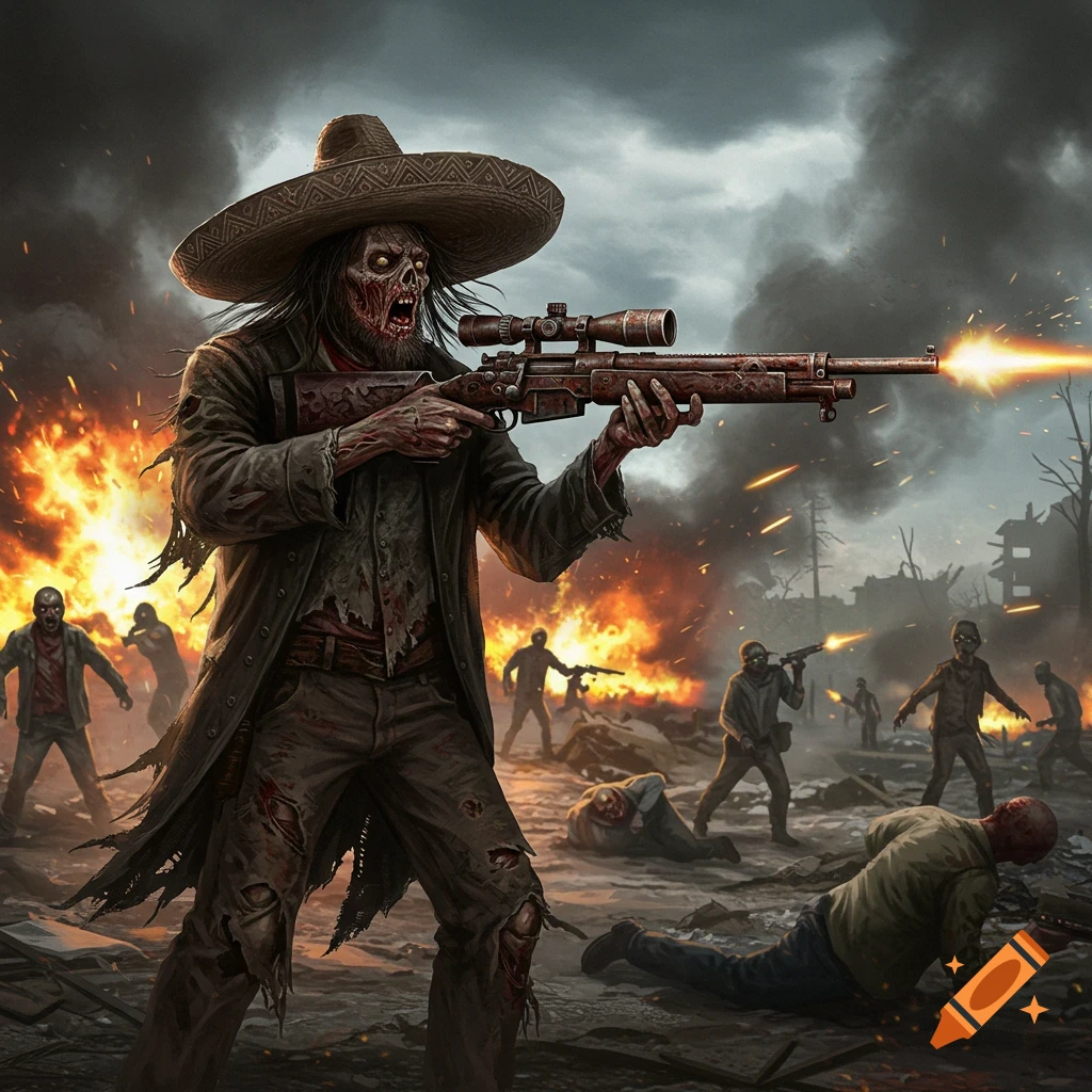 A zombie in a sombrero firing a sniper rifle in a battle scene with other zombies and fires.
