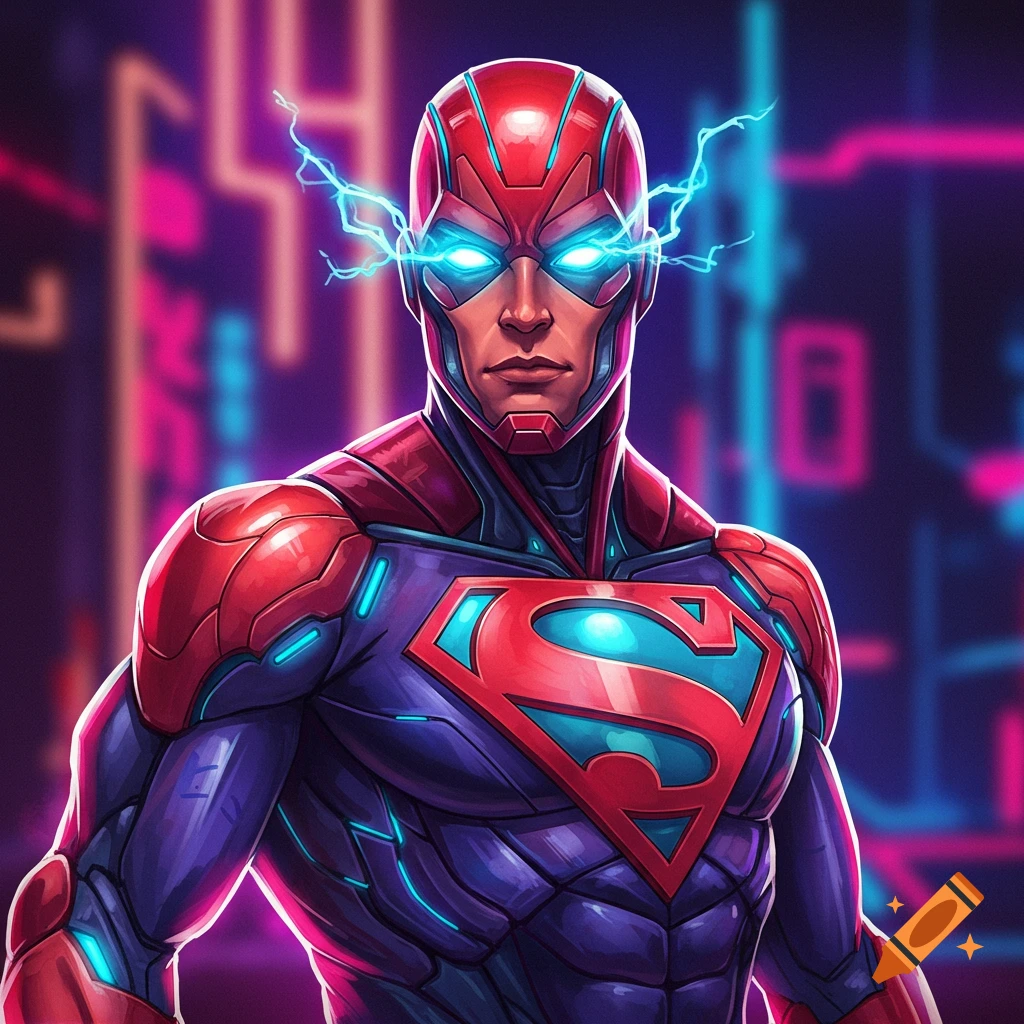 A superhero in a red and blue armored suit with glowing eyes and lightning, resembling Superman, against a neon city.