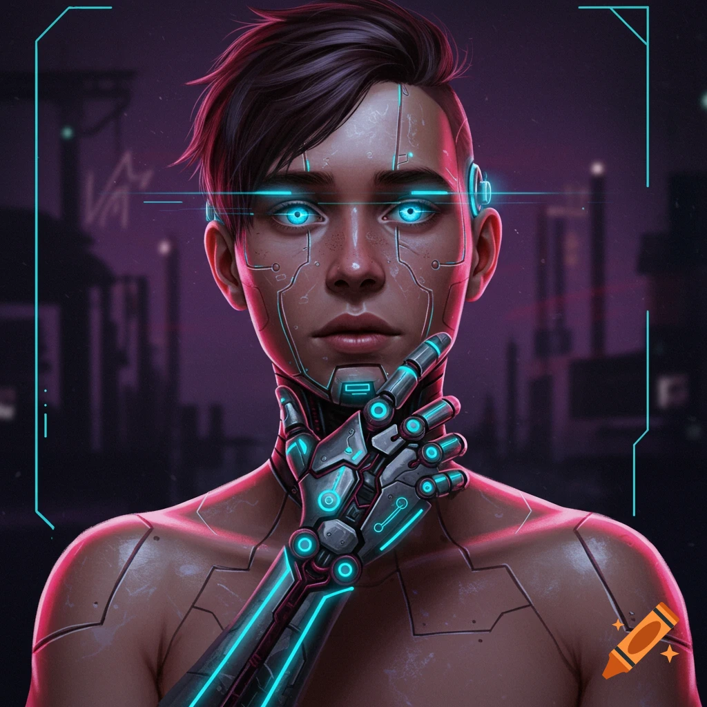 A person with cybernetic enhancements in a cyberpunk city.