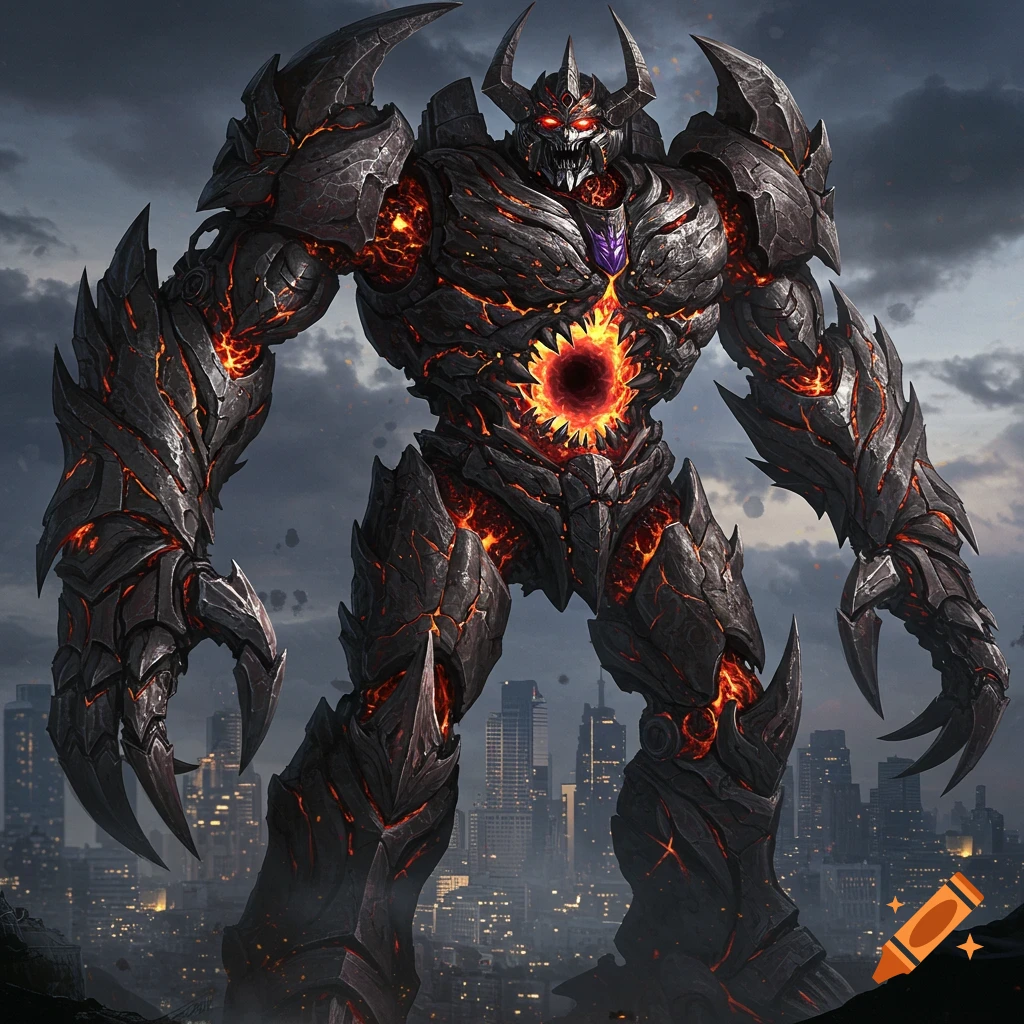 A giant dark robot with glowing orange energy stands over a city skyline at twilight.