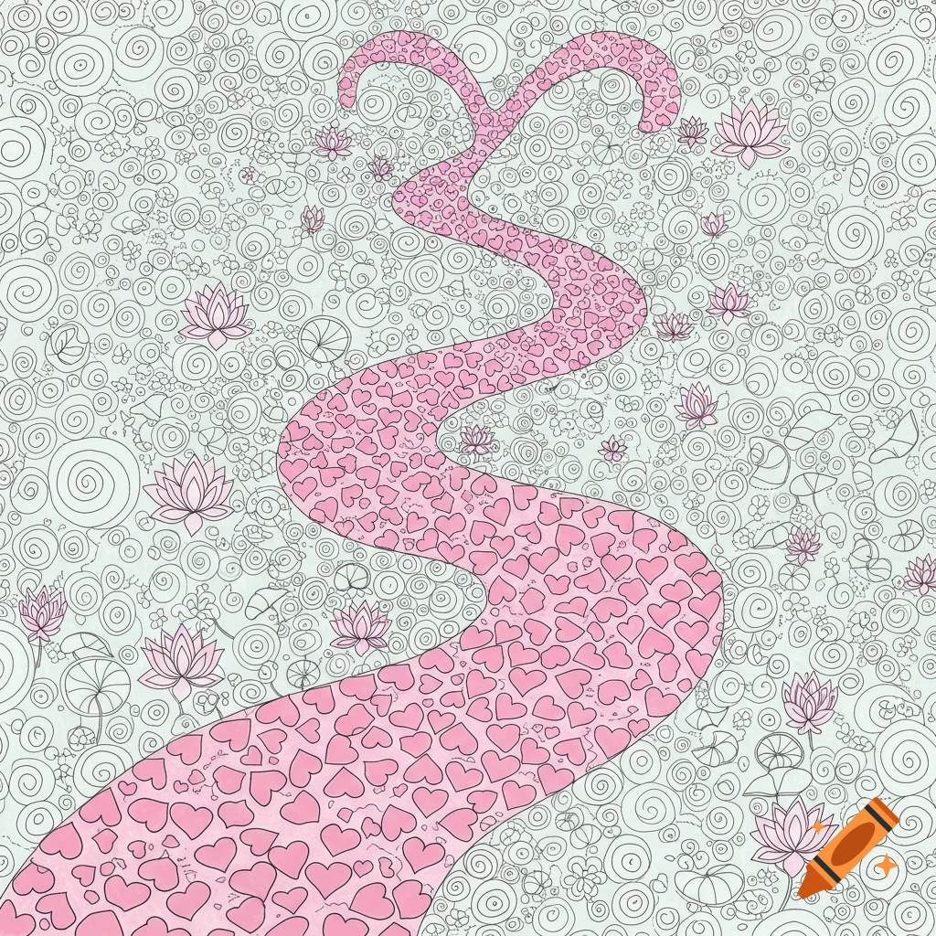 Coloring book page of a winding path made of pink hearts surrounded by swirls and lotus flowers.