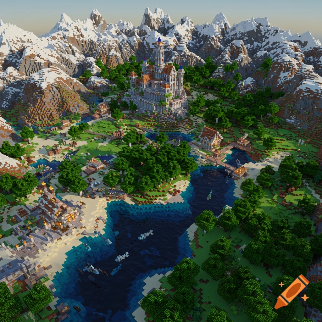 Detailed Minecraft landscape render with a large castle, village, mountains, and water.