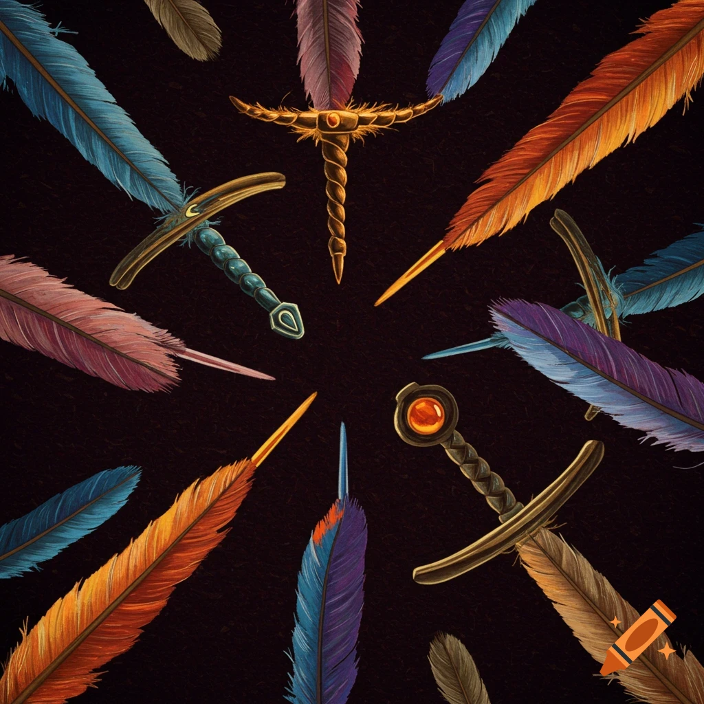 Feathers arranged with some shaped like swords