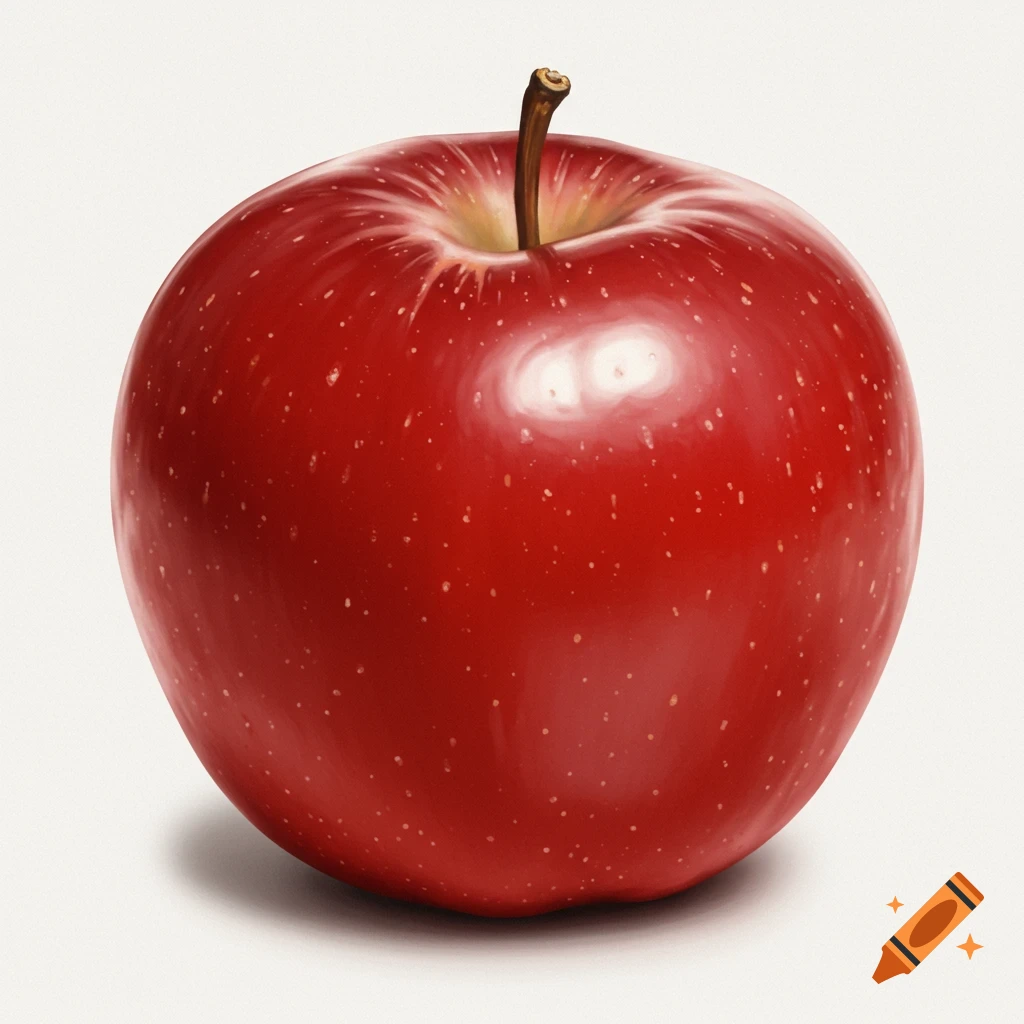 A red apple on a white background, painted in a realistic style.