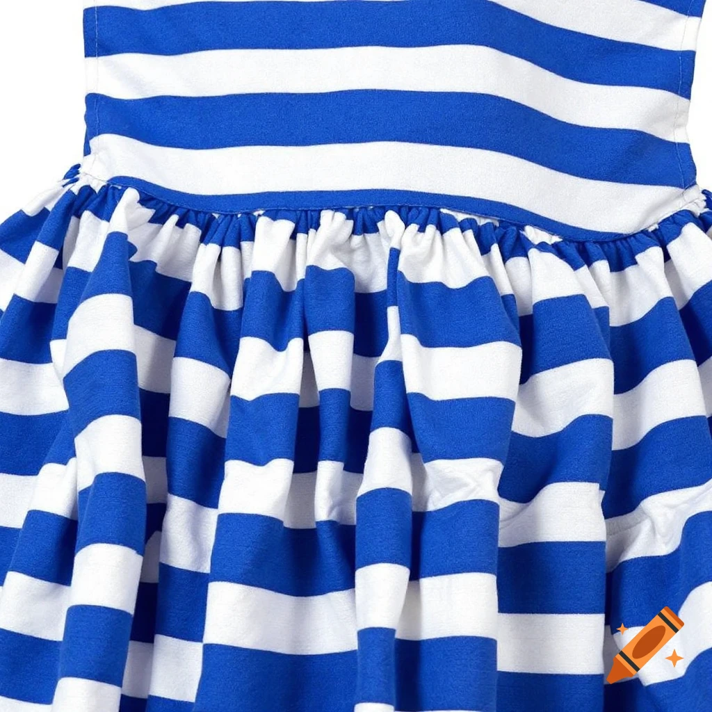 Close-up of a blue and white striped tiered dress with gathered fabric.