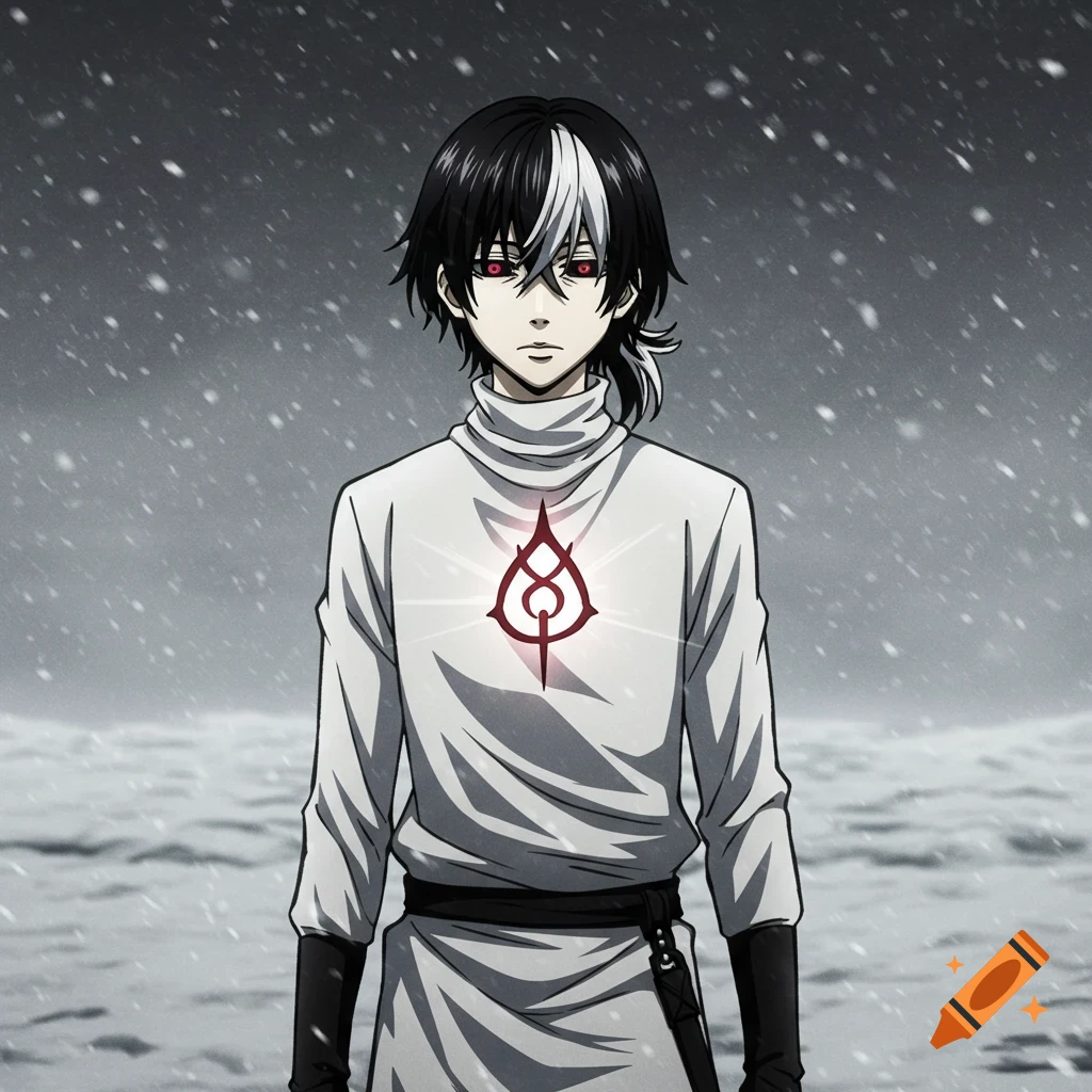 Anime man with black and white hair and red eyes stands in a snowy wasteland, wearing a white tunic with a red symbol.