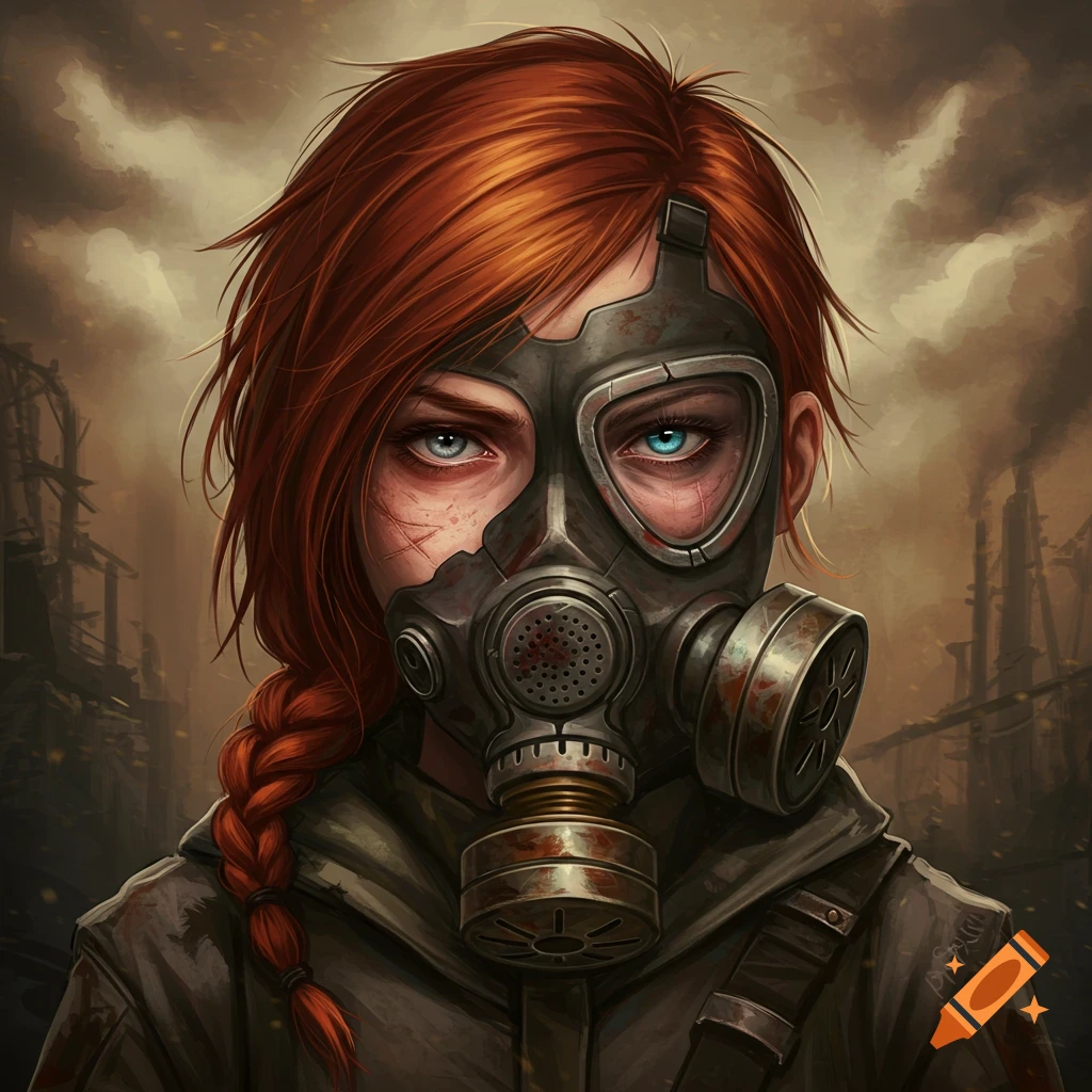 A ginger girl with a gas mask and face scars in a dystopian setting.