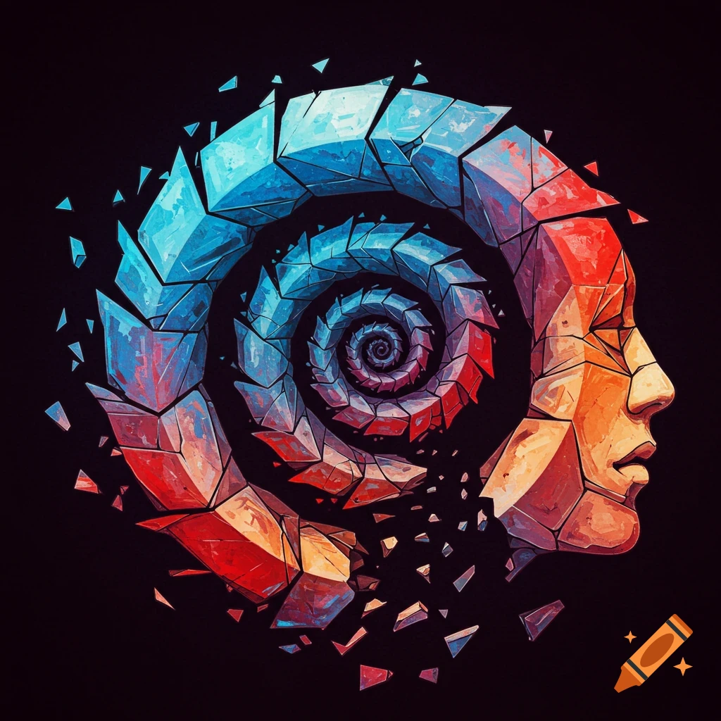 A human head silhouette breaking into a spiraling pattern of colored geometric shapes on a black background.