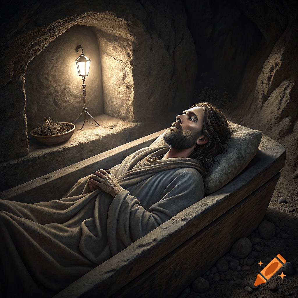 A figure resembling Jesus lies in a stone tomb, lit by a lantern.
