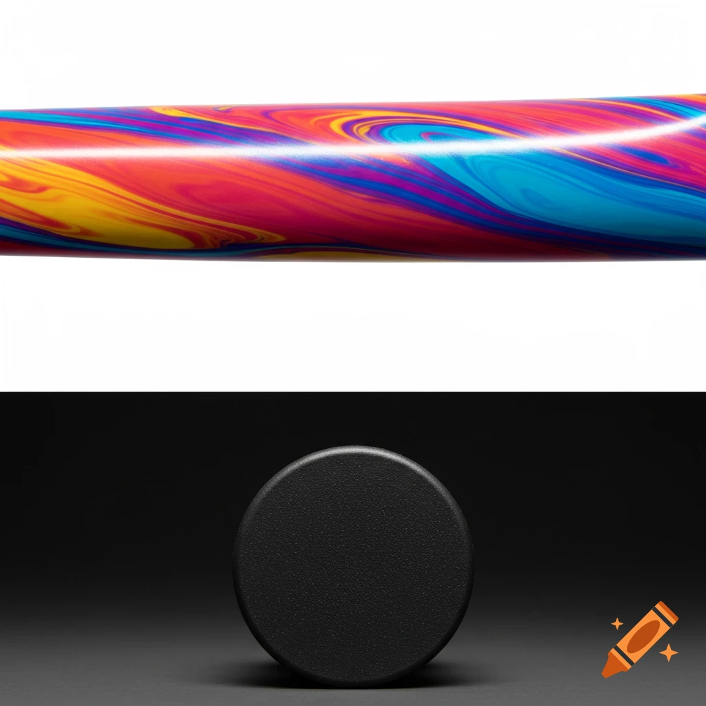 A photograph divided into two parts, a colorful swirled tube above a black circular cap.