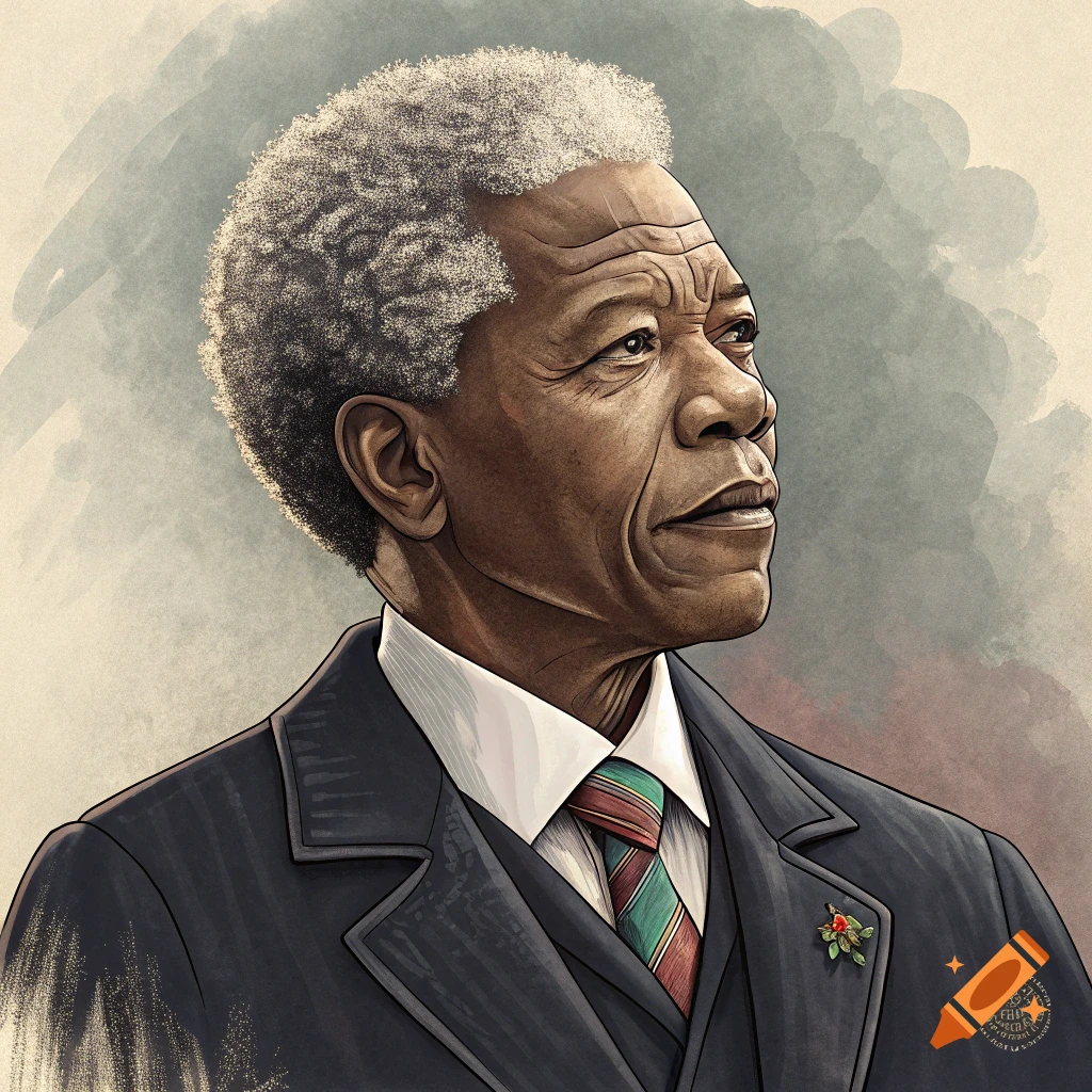 Illustration of a man resembling Nelson Mandela wearing a suit and tie.