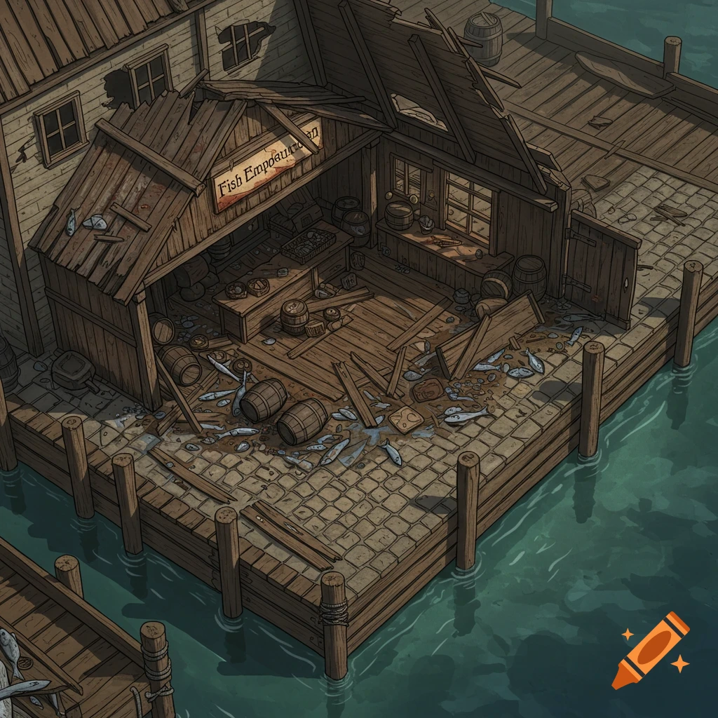 Top-down view of ruined wooden docks with a collapsed fish market building, scattered fish, and debris by the water.