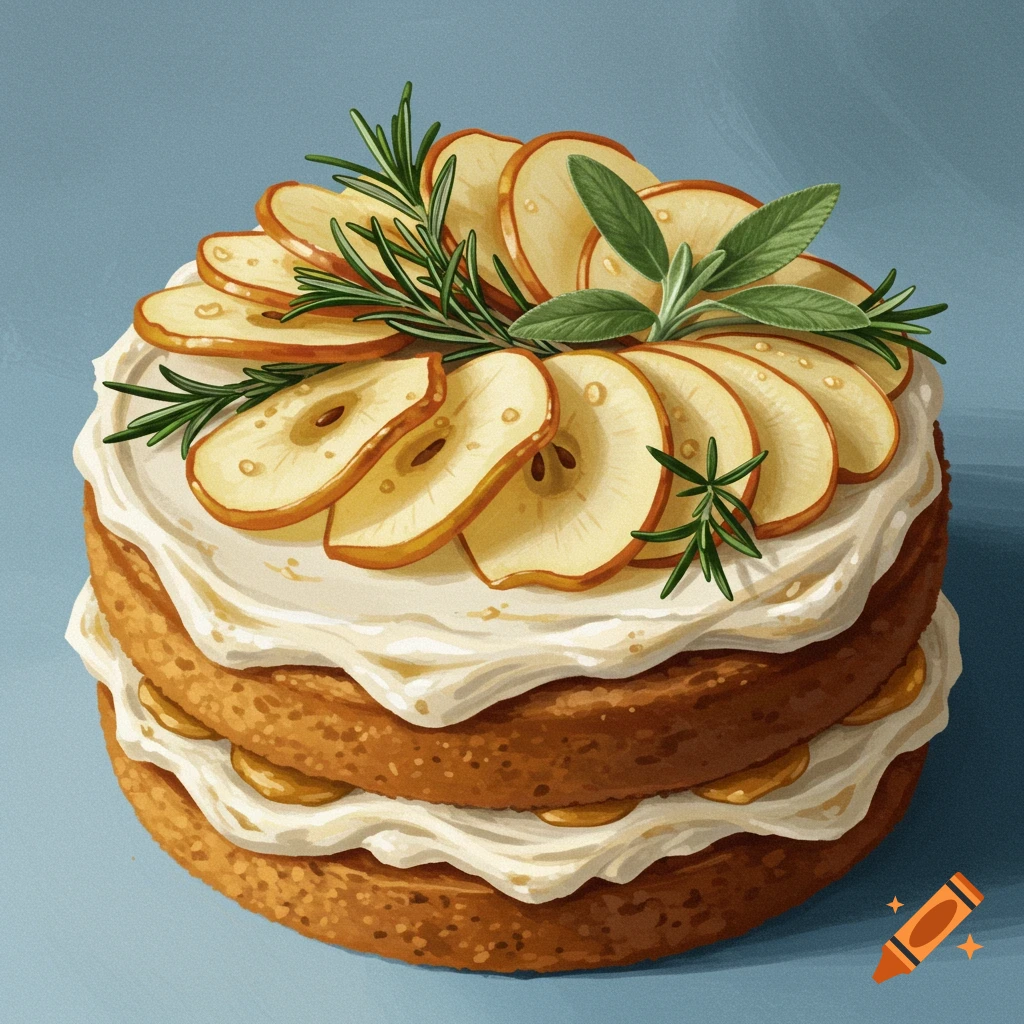 A cake decorated with apple slices, rosemary, and sage.