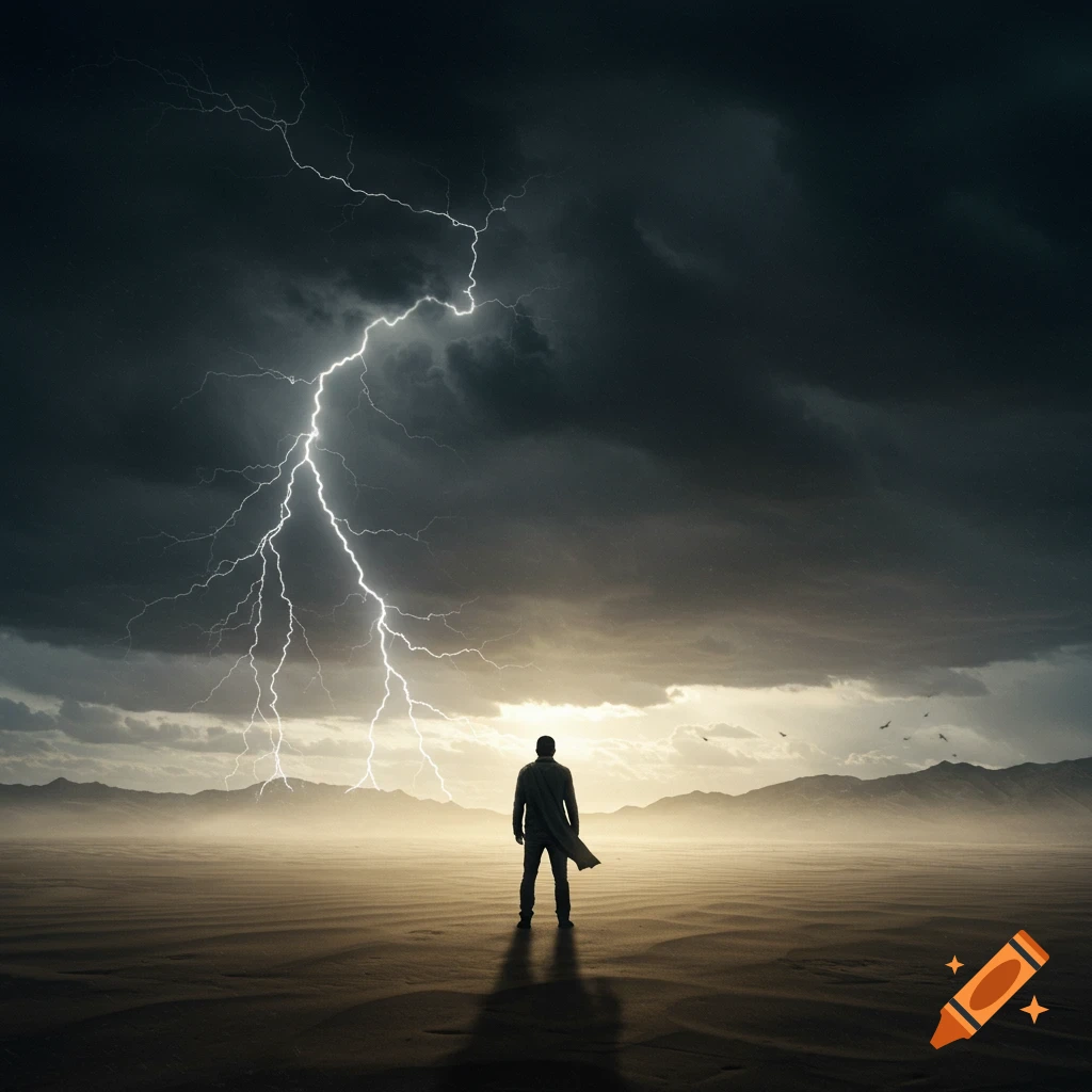 A lone figure stands in a vast desert under a dramatic stormy sky with lightning striking.