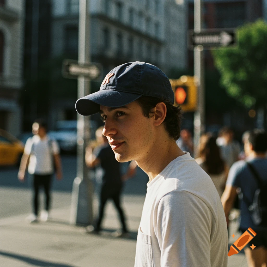 A man wearing a blue baseball cap stands on a sunny city street.