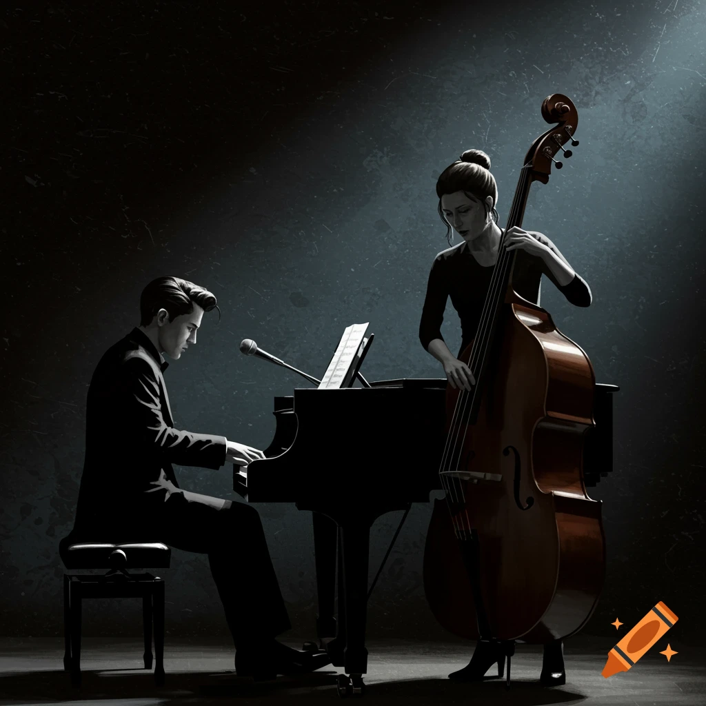 Digital art of a piano player and a bass player performing on a dimly lit stage.