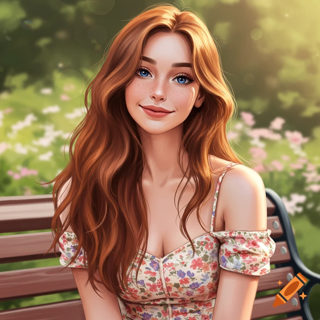 A smiling young woman with long red hair and freckles sits on a park bench in a floral dress.