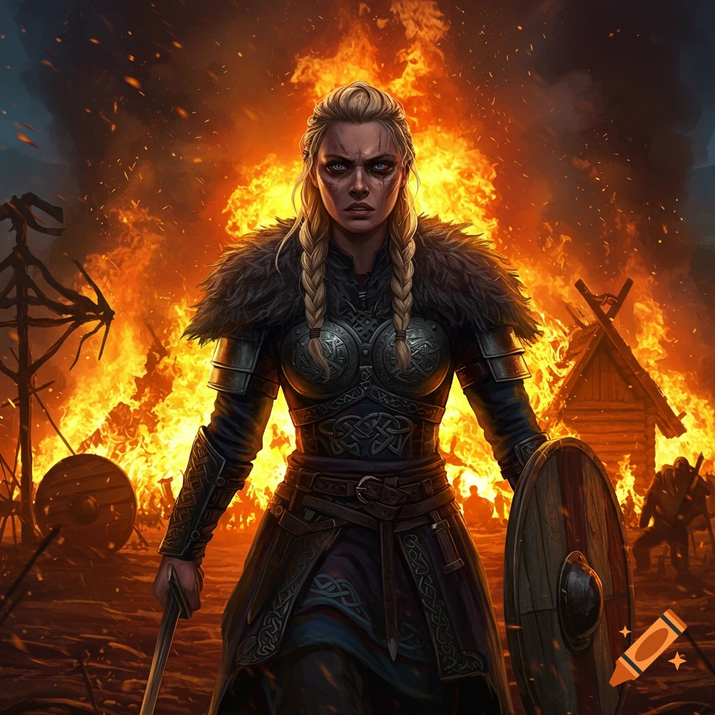 A female viking warrior stands in front of a burning village.