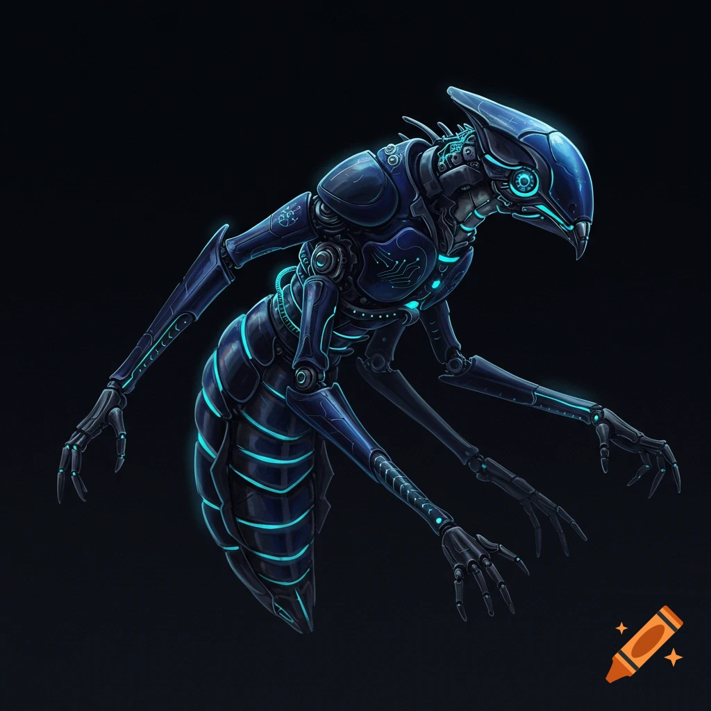 A metallic blue, insectoid robot creature with glowing accents on a dark background.