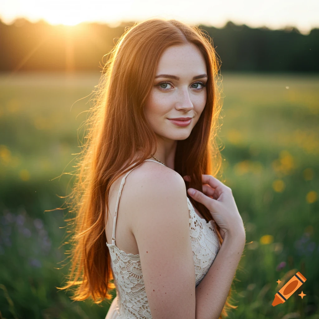 Photorealistic portrait of a woman with red hair in a sunlit field.