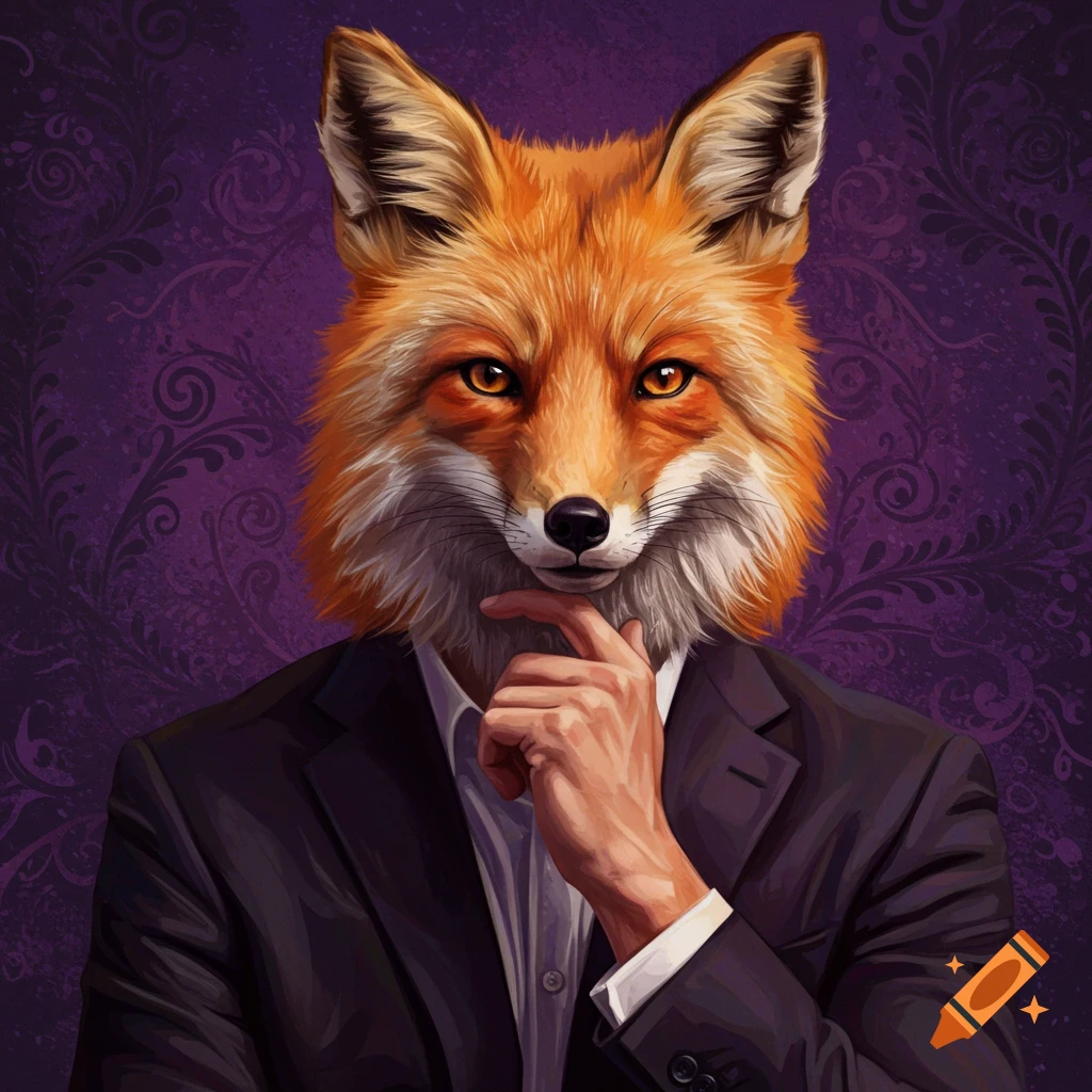 A fox in a suit is striking a thinking pose against a purple patterned background.