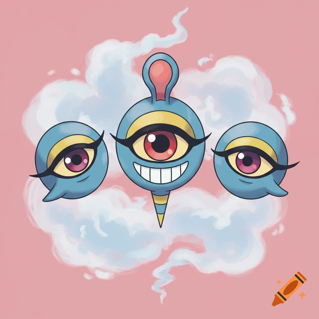 A cartoon image in the style of Pokemon featuring three blue and yellow eyes, one with a smile, surrounded by white clouds on a pink background.