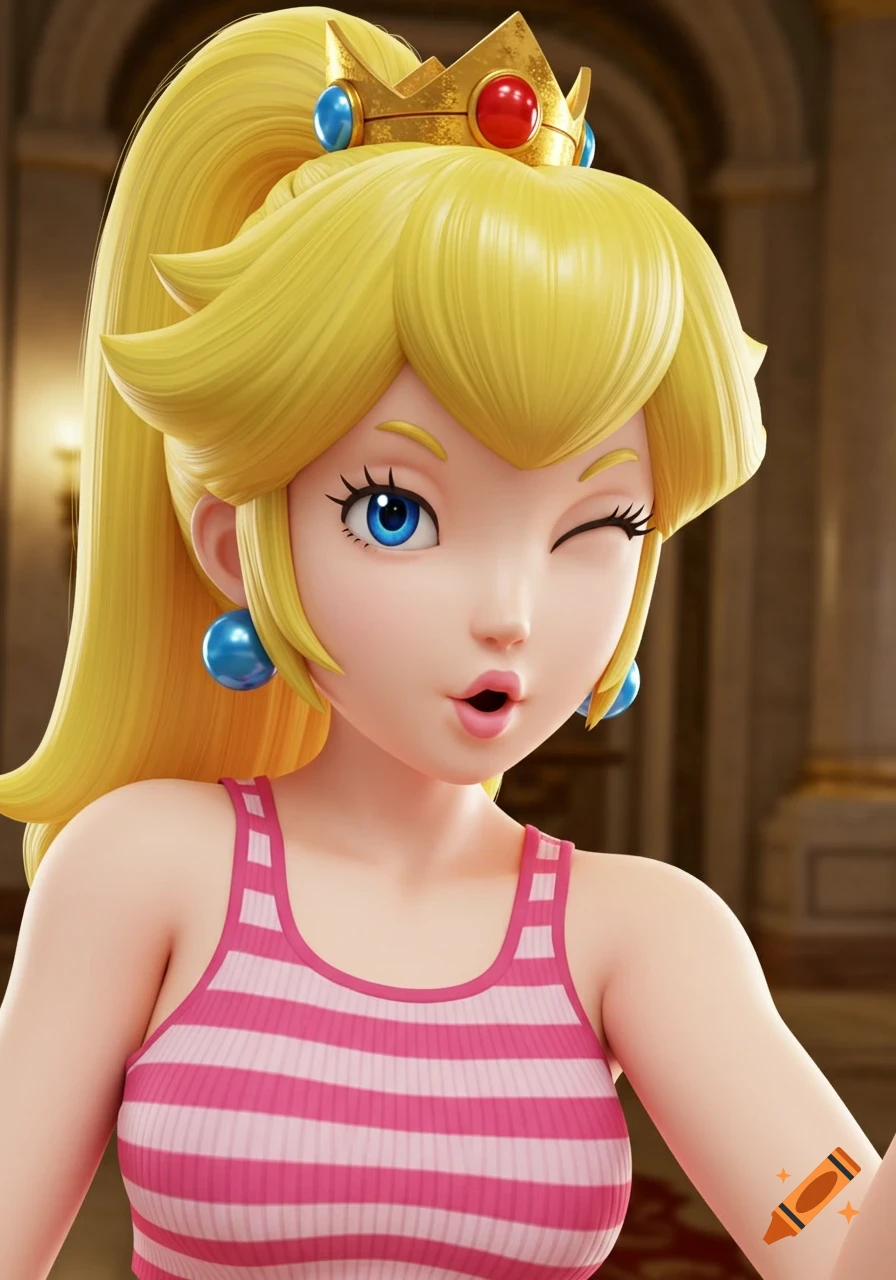 3D render of Princess Peach winking, wearing a crown and pink striped crop top with a ponytail