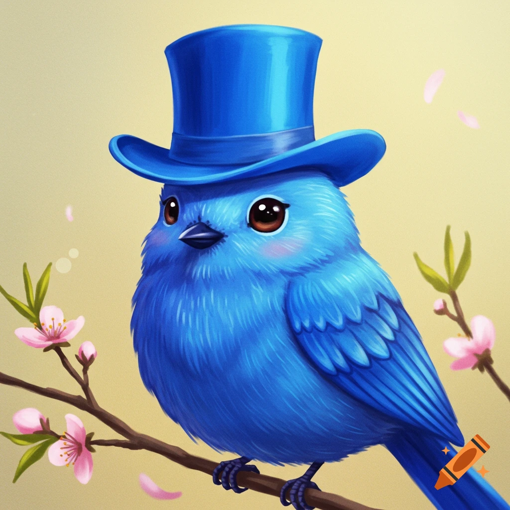 A cute blue bird wearing a blue top hat sits on a cherry blossom branch.