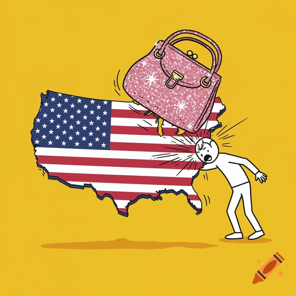 Cartoon US map outline hitting a figure with a pink purse on a yellow background.