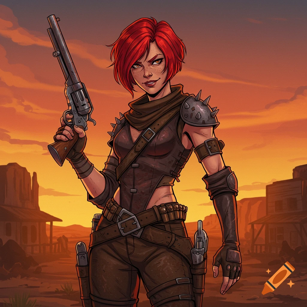 A red-haired woman outlaw with a gun in a western town at sunset.