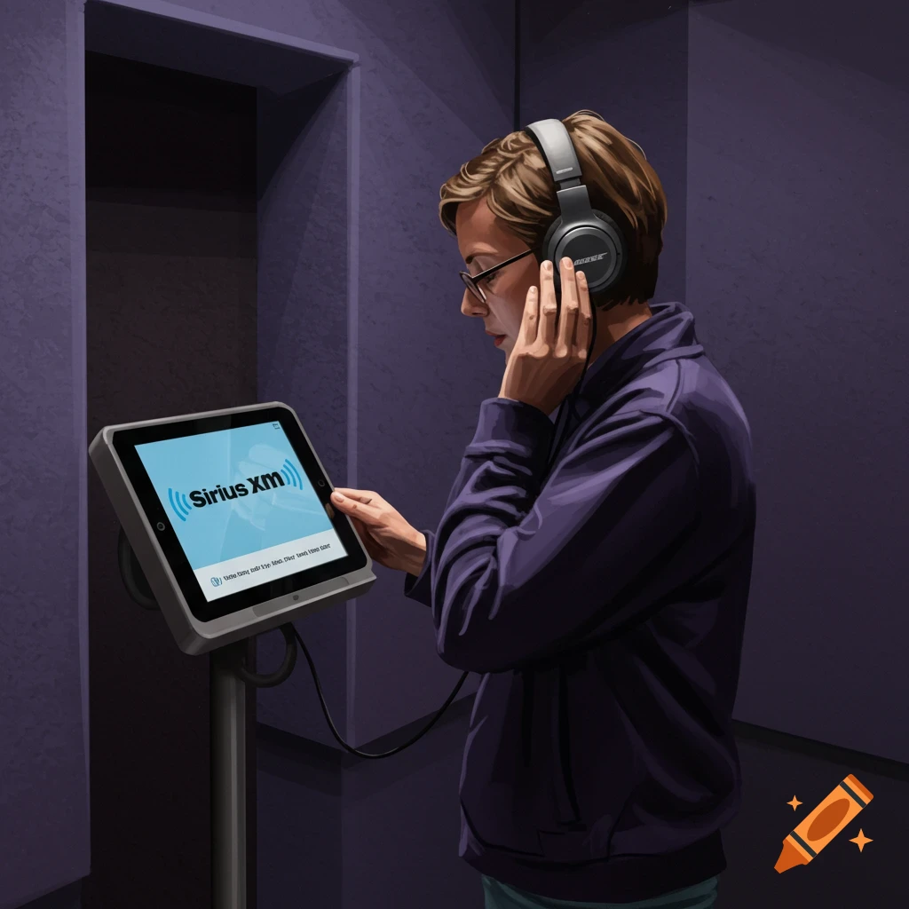 A person wearing headphones is inside a listening booth and is touching a tablet displaying the Sirius XM logo.