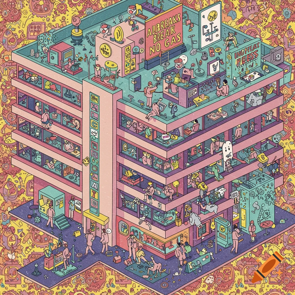Isometric depiction of a busy, absurd corporate building with many small figures and strange text on signs.