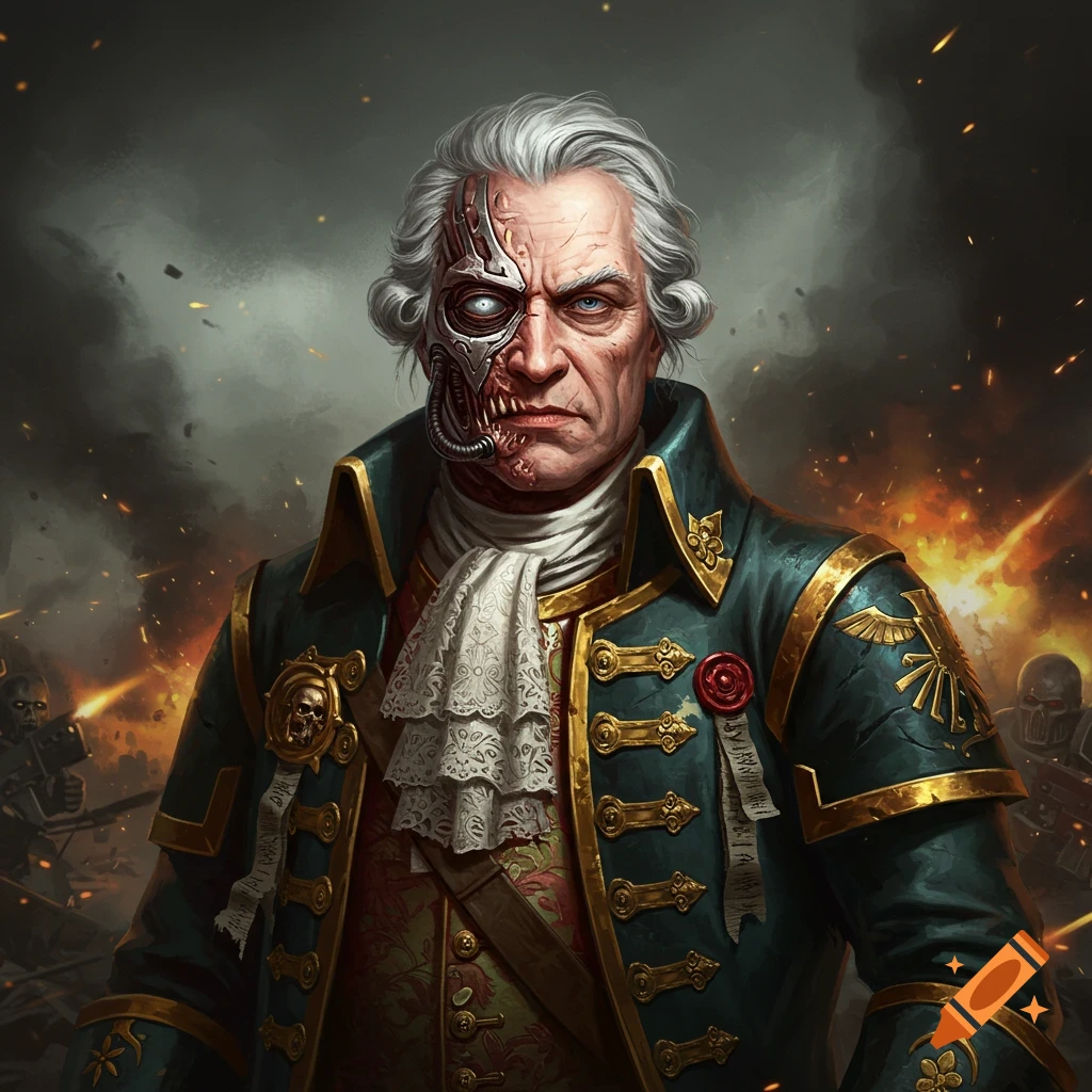 Warhammer 40k portrait of a nobleman with a cybernetic face in battle.