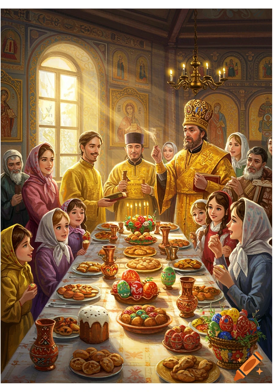 An Orthodox Easter celebration with a priest blessing a table full of traditional food and surrounded by people.