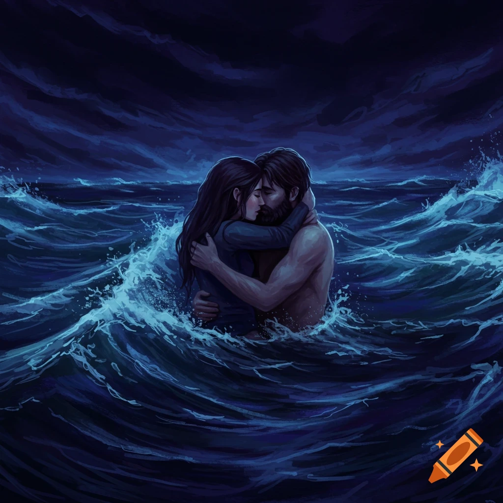 A couple embracing in dark, stormy ocean waves.