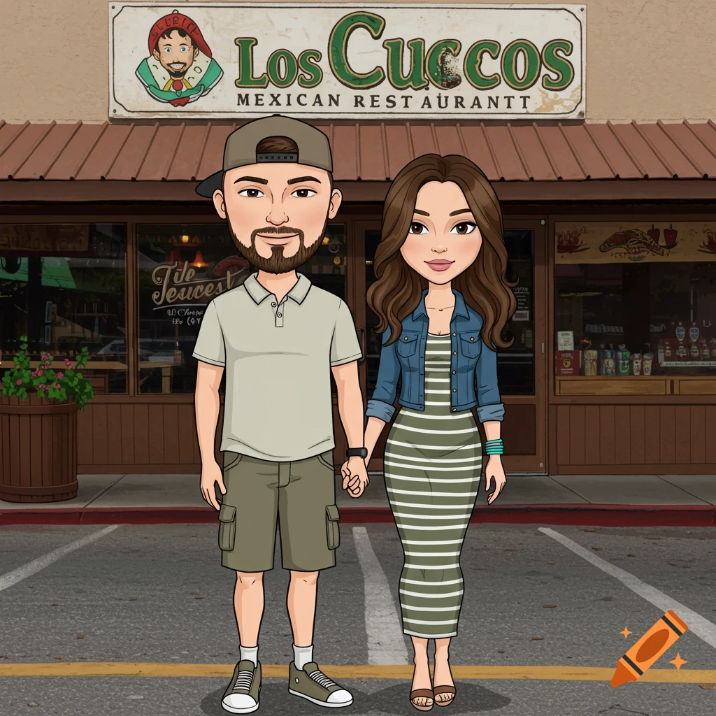 A cartoon drawing of a couple holding hands in front of a Mexican restaurant.