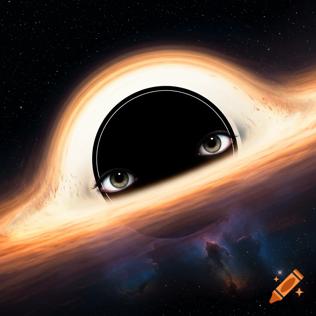 A black hole in space with two human eyes peering from the center.