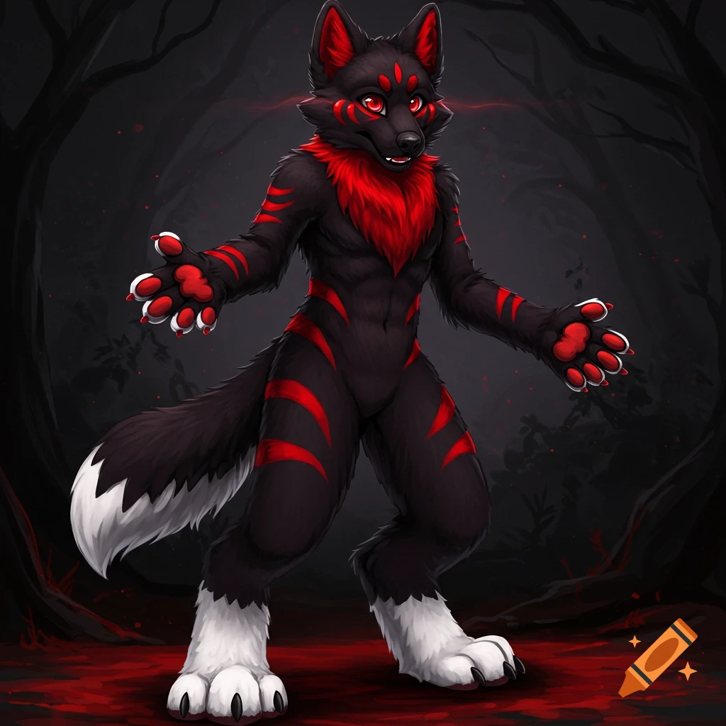 A black wolf furry with red eyes and red markings stands in a dark forest.