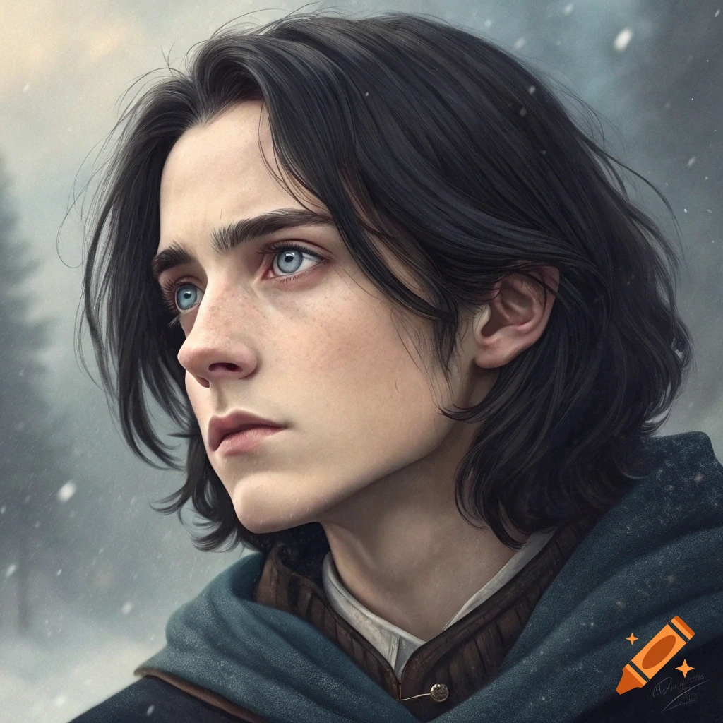 A portrait of a young man with dark hair and striking blue eyes in a snowy, atmospheric setting.