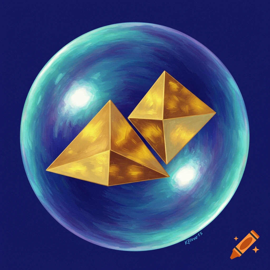 Two golden pyramids inside a glowing sphere on blue.