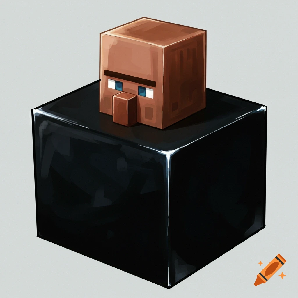 A Minecraft villager head sits atop a shiny black block.