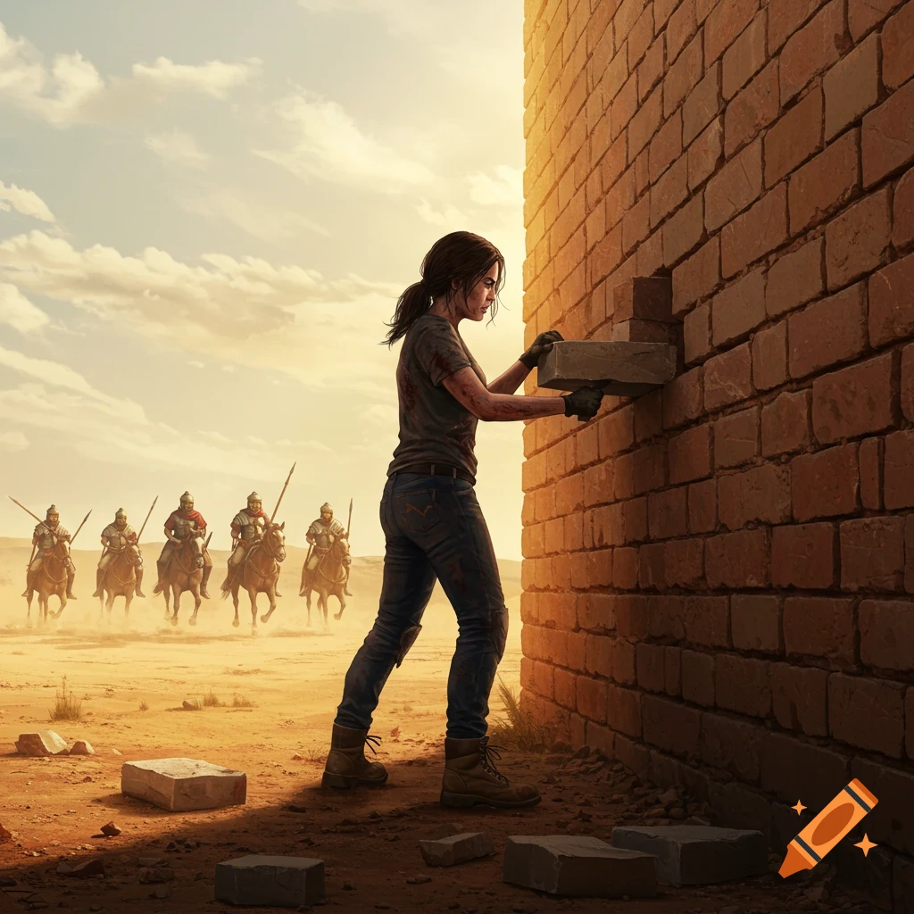 A woman is building a brick wall in a desert as cavalry approaches in the distance.
