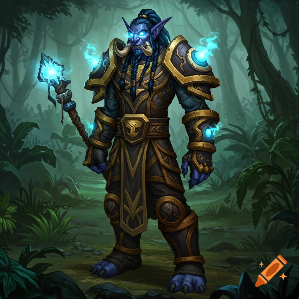 A blue-skinned World of Warcraft Troll mage in ornate armor stands in a jungle holding a glowing staff.