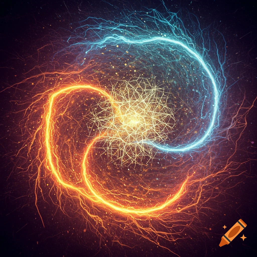 Abstract image of swirling orange and blue energy with a bright central core.