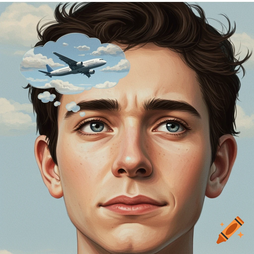 Realistic illustration of a thoughtful young person thinking about an airplane in a thought bubble.