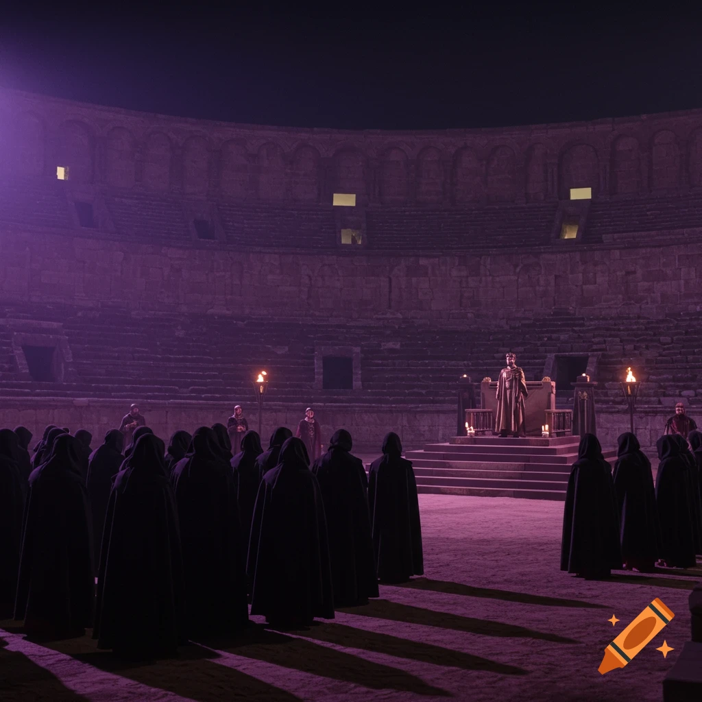 Cloaked figures gather in a Roman stadium at night, lit by purple light and torches, facing a king on a platform.