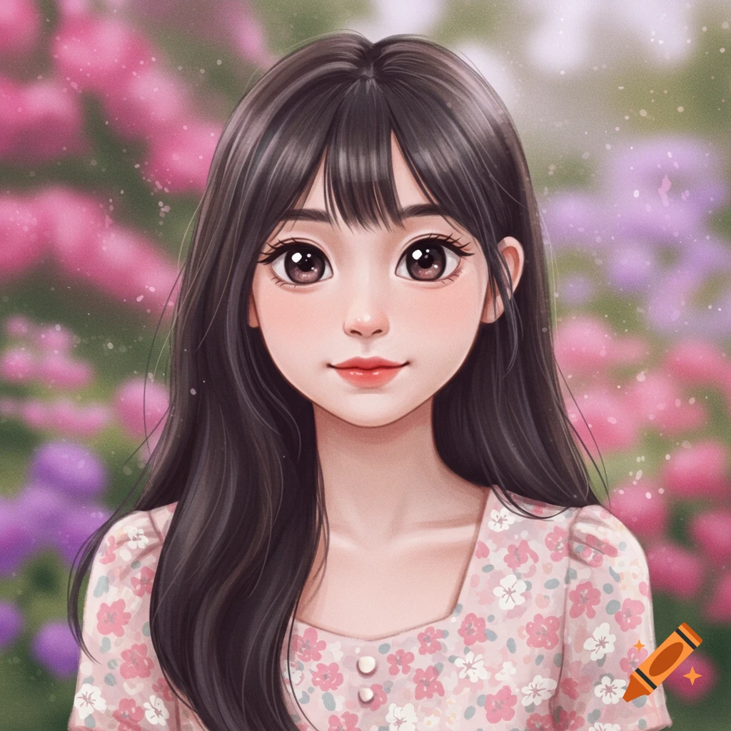 An anime-style woman with long dark hair in a floral dress, standing in front of pink and purple flowers.