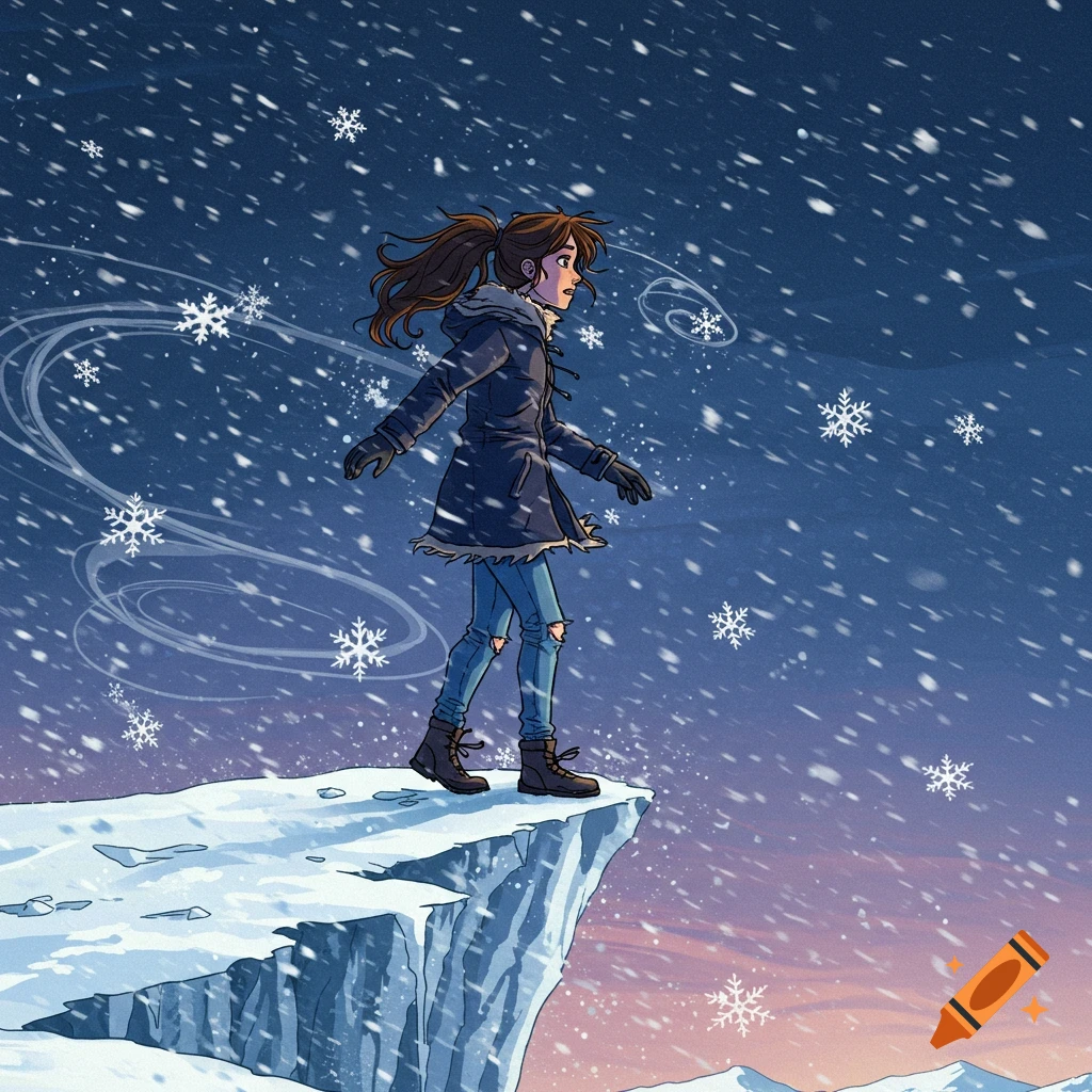 Young woman stands on a snowy cliff in a blizzard, comic book art style
