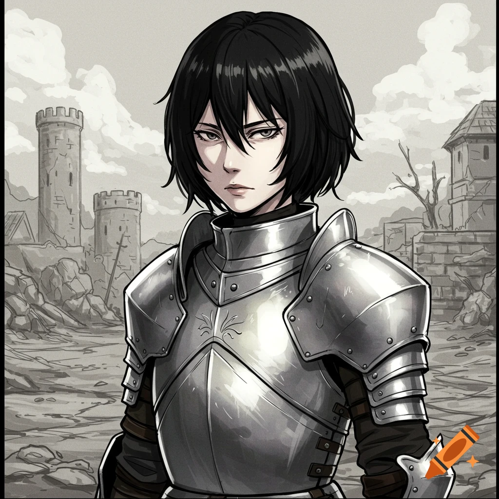 Anime illustration of a woman in plate armor standing in a ruined medieval setting