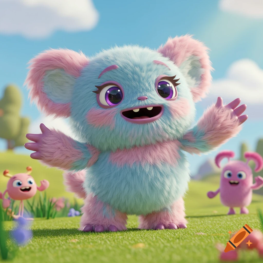 A fluffy blue and pink cartoon monster smiles with arms wide open, standing in a grassy field with smaller pink monsters.